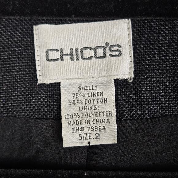 Chicos Black Linen Blend Blazer Sz 2 Large Silver Chain Collar Edgy Chic Office - Picture 8 of 11